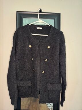 Sioni Black Plush Knit Cardigan with Gold Buttons